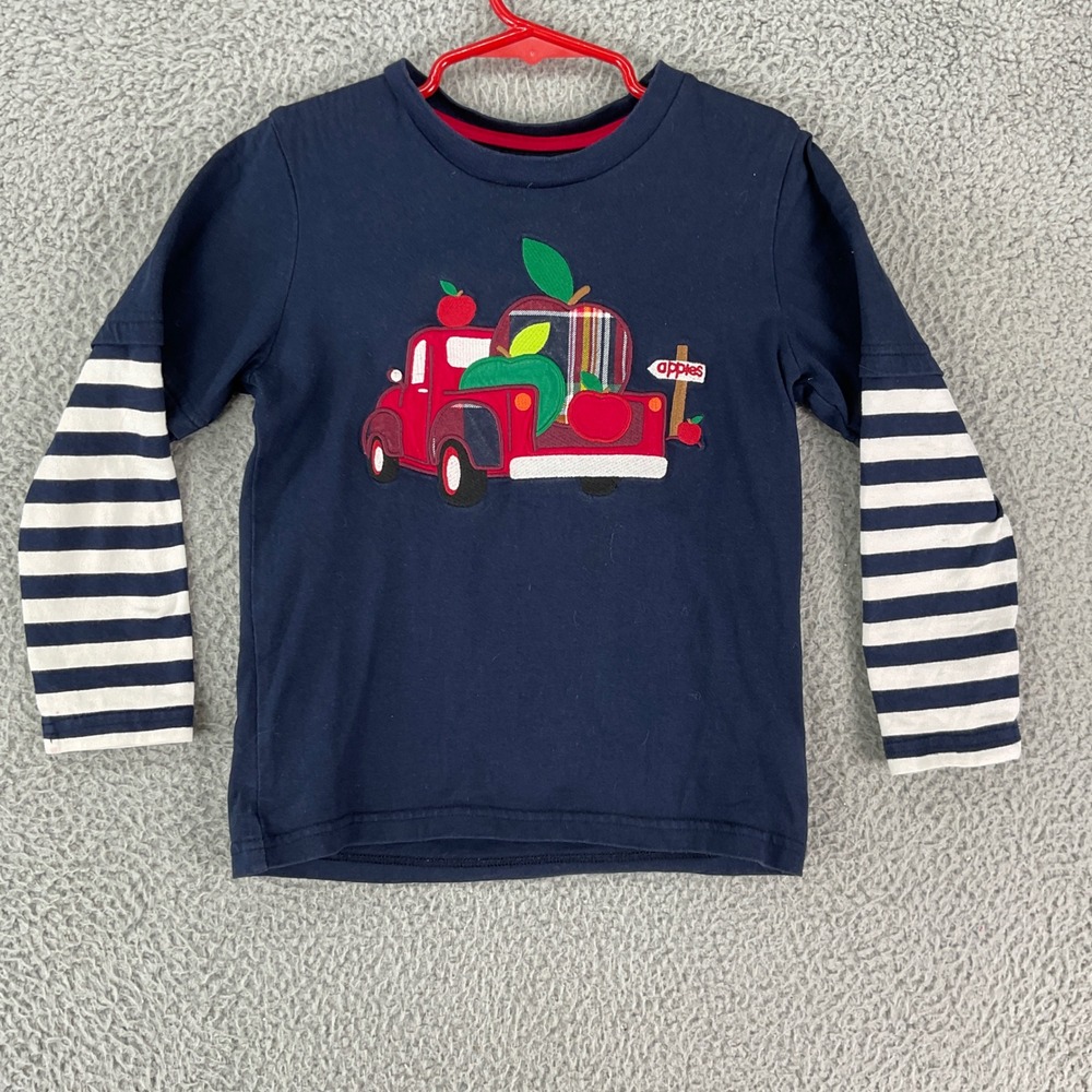 Gymboree T-Shirt Kids 4T Navy Blue Apple Truck Applique Long Sleeve Fall Farm